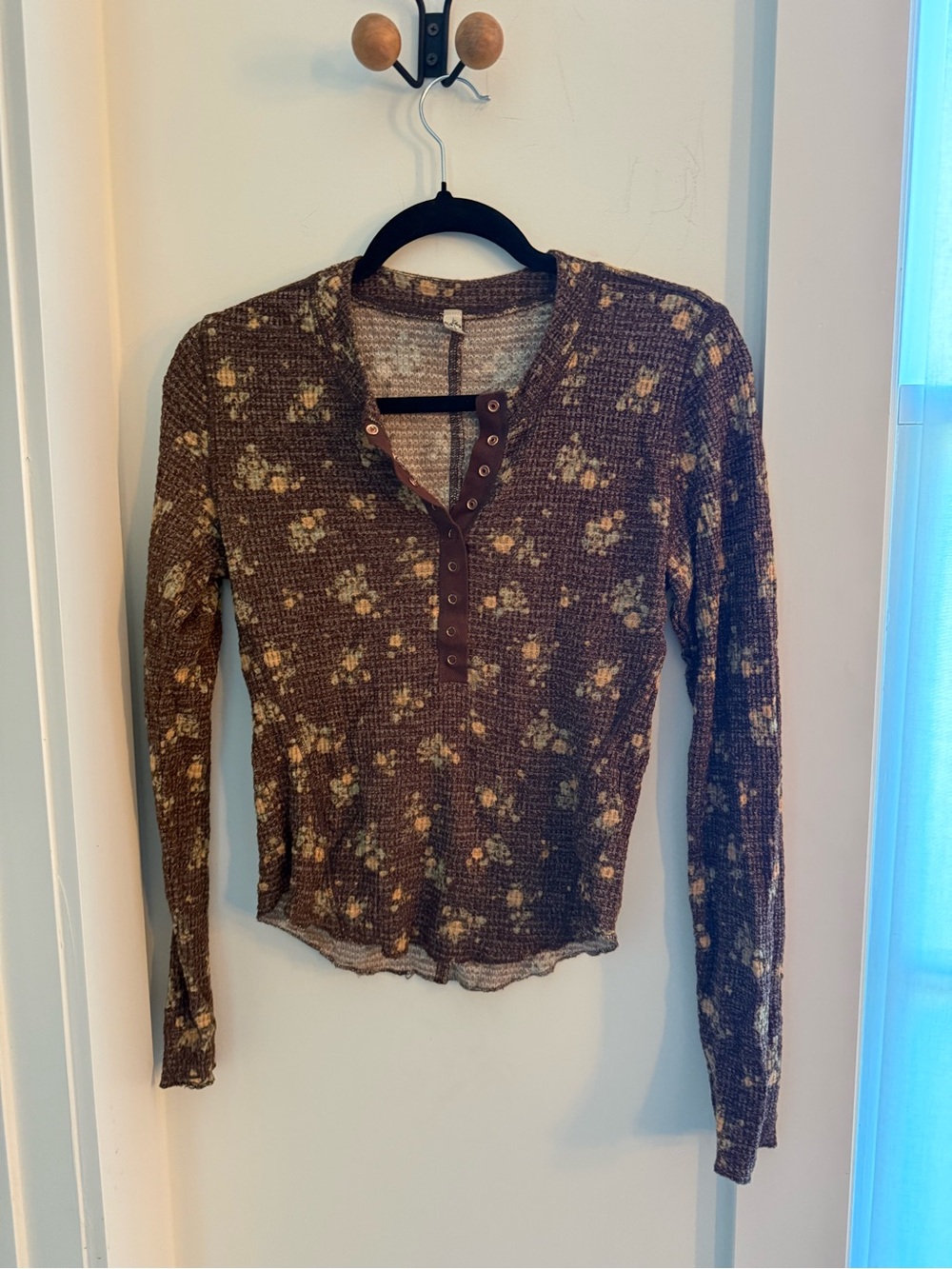 Free People Brown Floral Waffle Henley Long Sleeve